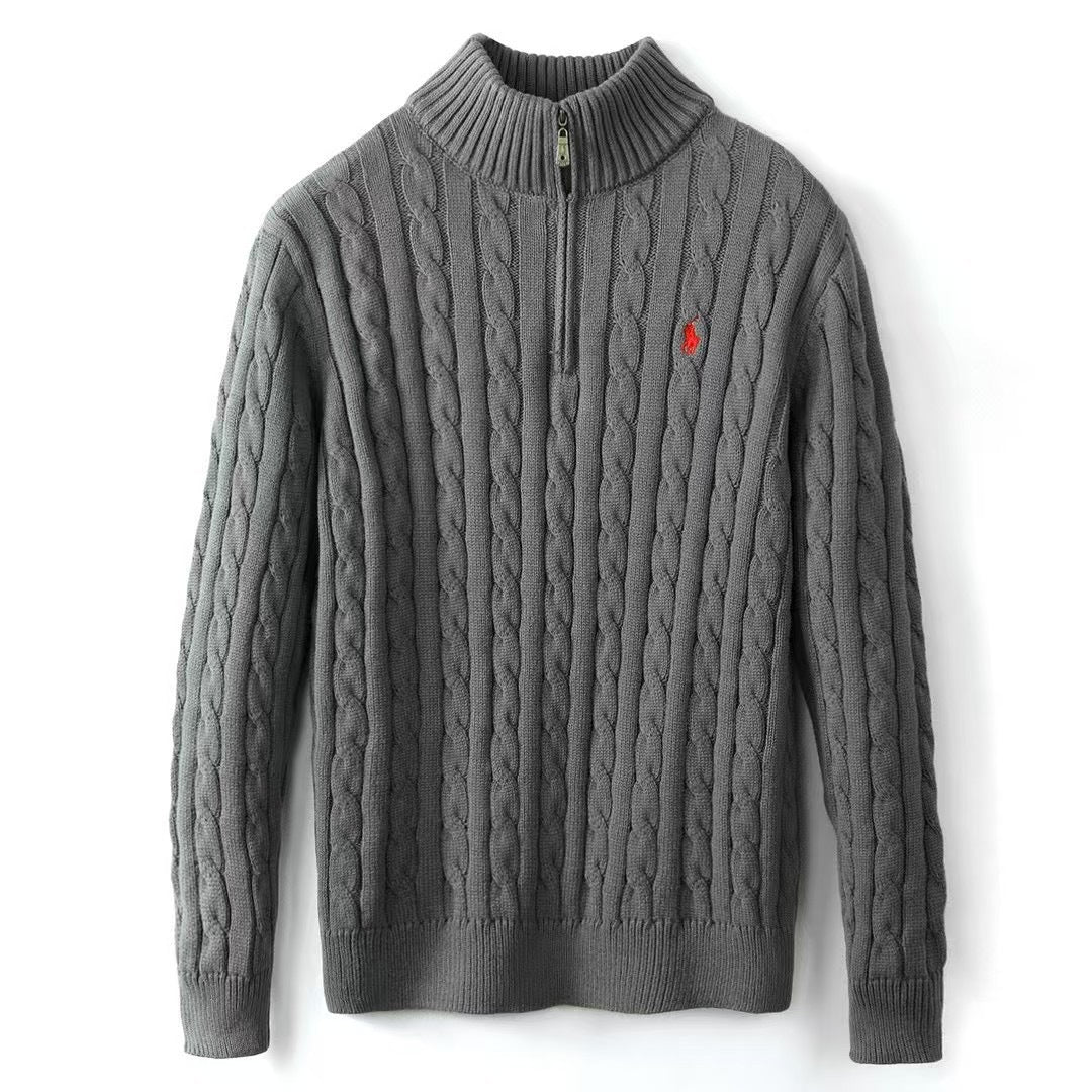 Mens Embroidery Stand Collar Wool Blend Sweater