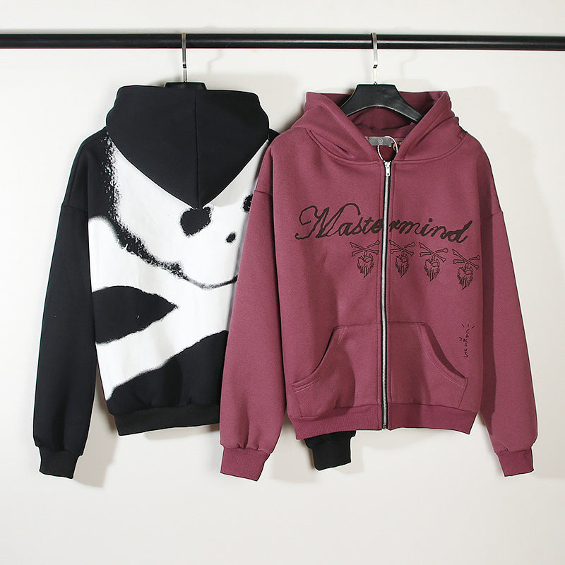 Skull Print Hooded Cardigan Fleece Lined Streetwear