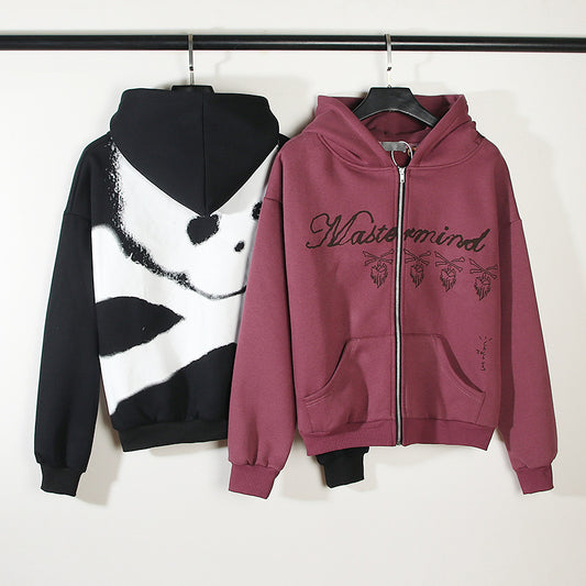 Skull Print Hooded Cardigan Fleece Lined Streetwear