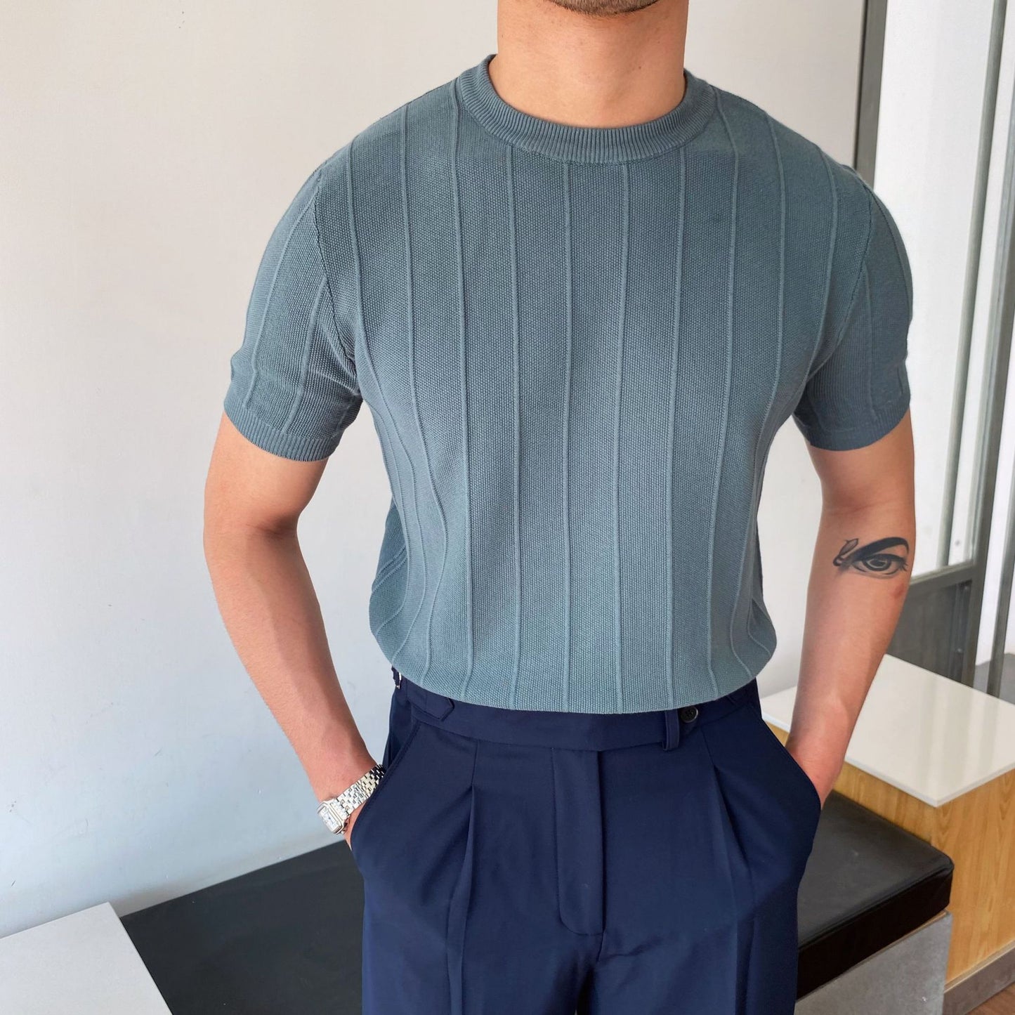 Men's Knitted Round Neck Short Sleeve T-shirt