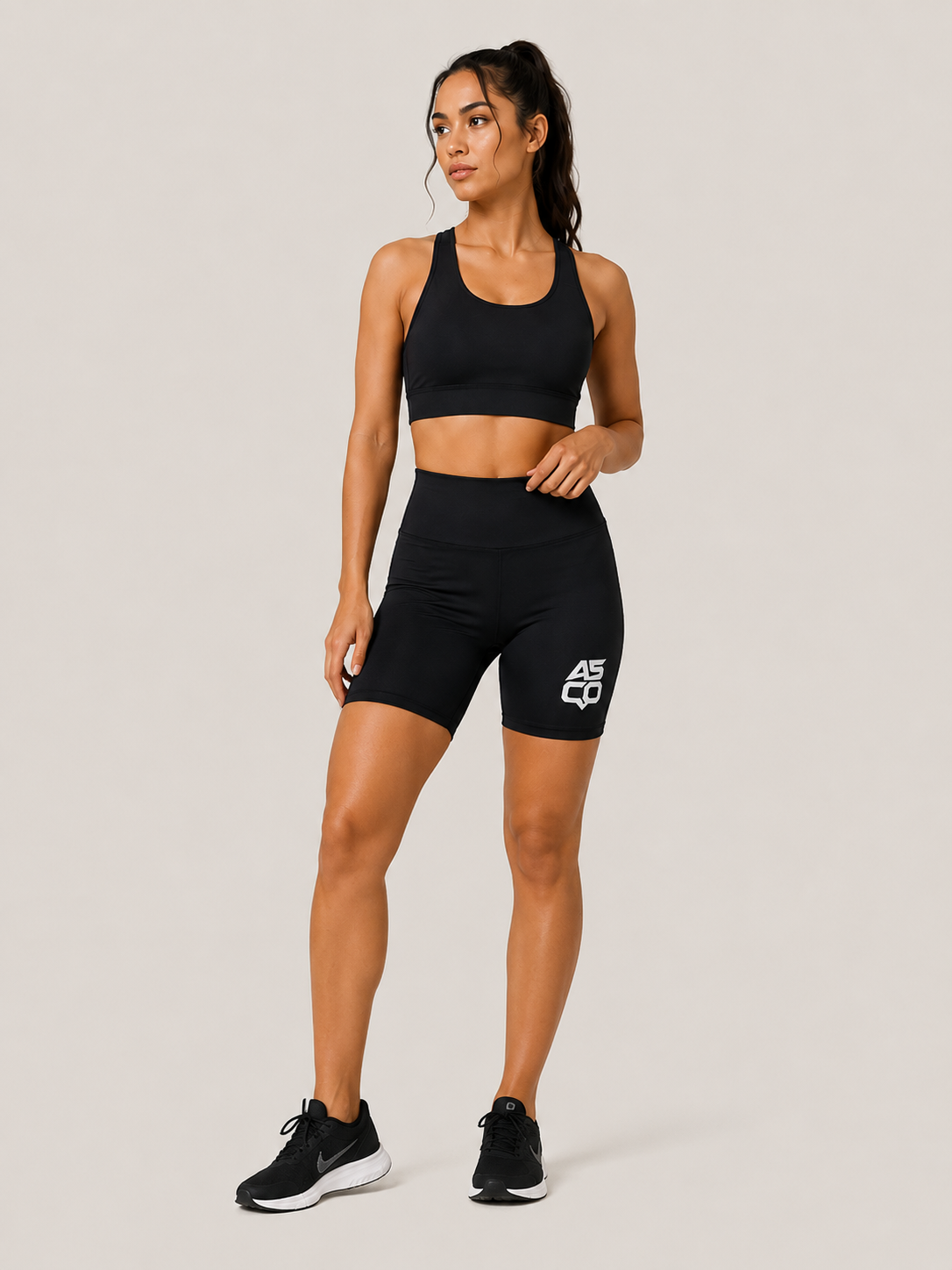 ASCO WOMEN Workout Shorts — Black High-Waist Athletic Biker Shorts with ASCO Logo