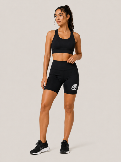 ASCO WOMEN Workout Shorts — Black High-Waist Athletic Biker Shorts with ASCO Logo