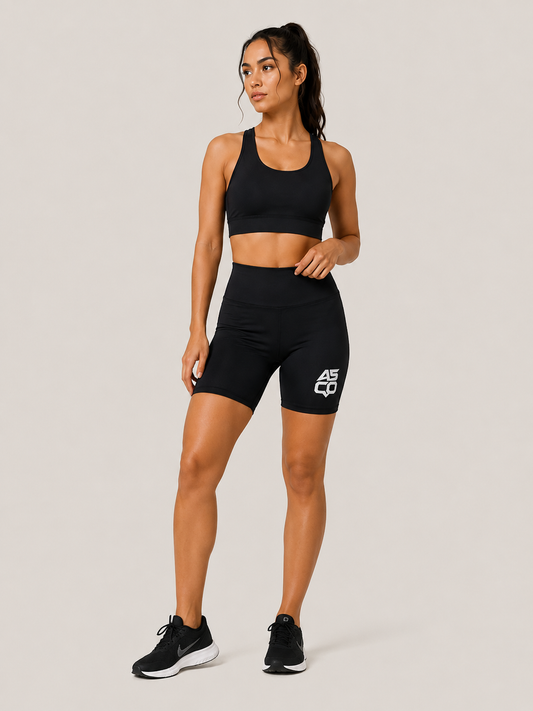 ASCO WOMEN Workout Shorts — Black High-Waist Athletic Biker Shorts with ASCO Logo